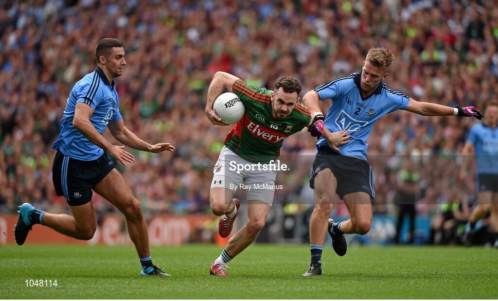 30 August 2015; David Drake, Mayo, in action against James McCarthy and Jonny Cooper, Dublin. GAA Football All-Ireland Senior Championship, Semi-Final, Dublin v Mayo, Croke Park, Dublin. Picture credit: Ray McManus / SPORTSFILE