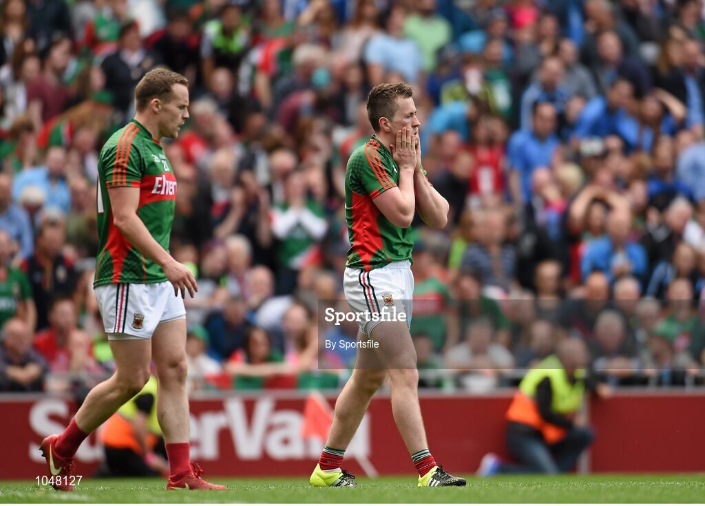 30 August 2015; Cillian O'Connor, right, and Andy Moran, Mayo, after a missed oppurtunity on goal. GAA Football All-Ireland Senior Championship, Semi-Final, Dublin v Mayo, Croke Park, Dublin. Photo by Sportsfile