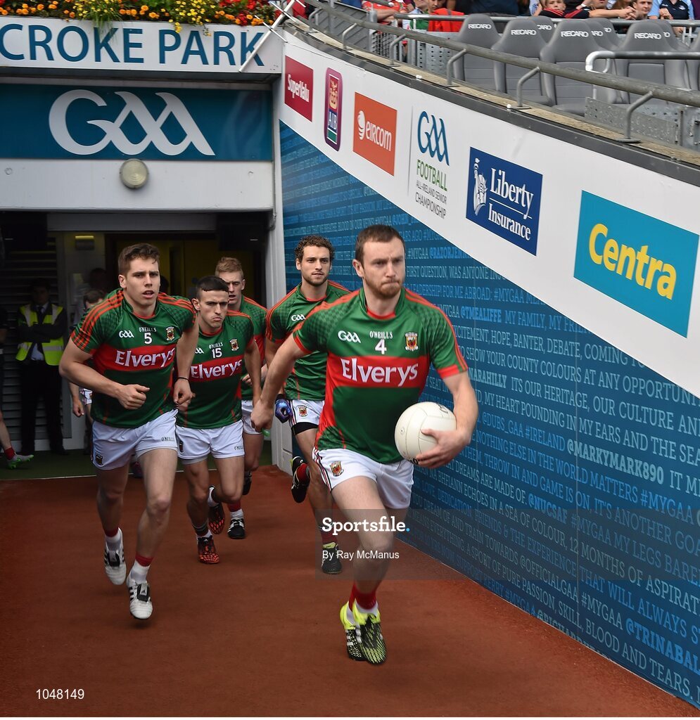 30 August 2015; Mayo captain Keith Higgins leads out his team. GAA Football All-Ireland Senior Championship, Semi-Final, Dublin v Mayo, Croke Park, Dublin. Picture credit: Ray McManus / SPORTSFILE