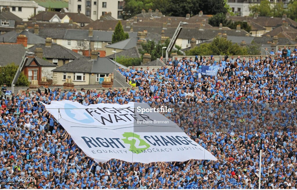 30 August 2015; Supporters on hill 16 display a flag in protest of the water charges. GAA Football All-Ireland Senior Championship, Semi-Final, Dublin v Mayo, Croke Park, Dublin. Picture credit: Dáire Brennan / SPORTSFILE