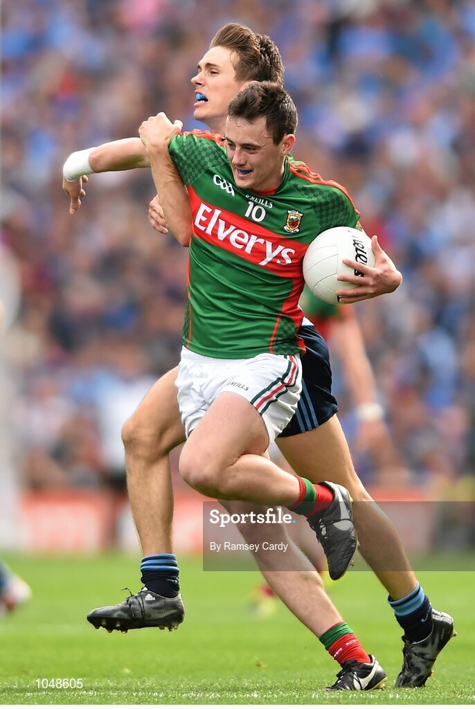 30 August 2015; Diarmuid O'Connor, Mayo, in action against Michael Fitzsimons, Dublin. GAA Football All-Ireland Senior Championship, Semi-Final, Dublin v Mayo, Croke Park, Dublin. Picture credit: Ramsey Cardy / SPORTSFILE