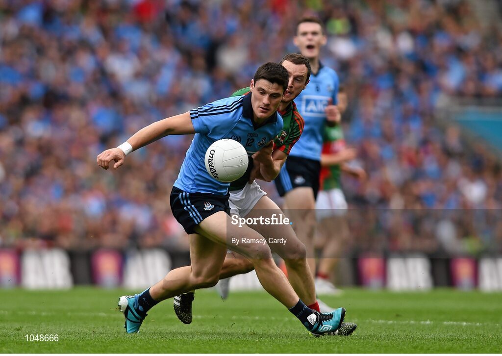 30 August 2015; Diarmuid Connolly, Dublin, is tackled by Keith Higgins, Mayo. GAA Football All-Ireland Senior Championship, Semi-Final, Dublin v Mayo, Croke Park, Dublin. Picture credit: Ramsey Cardy / SPORTSFILE