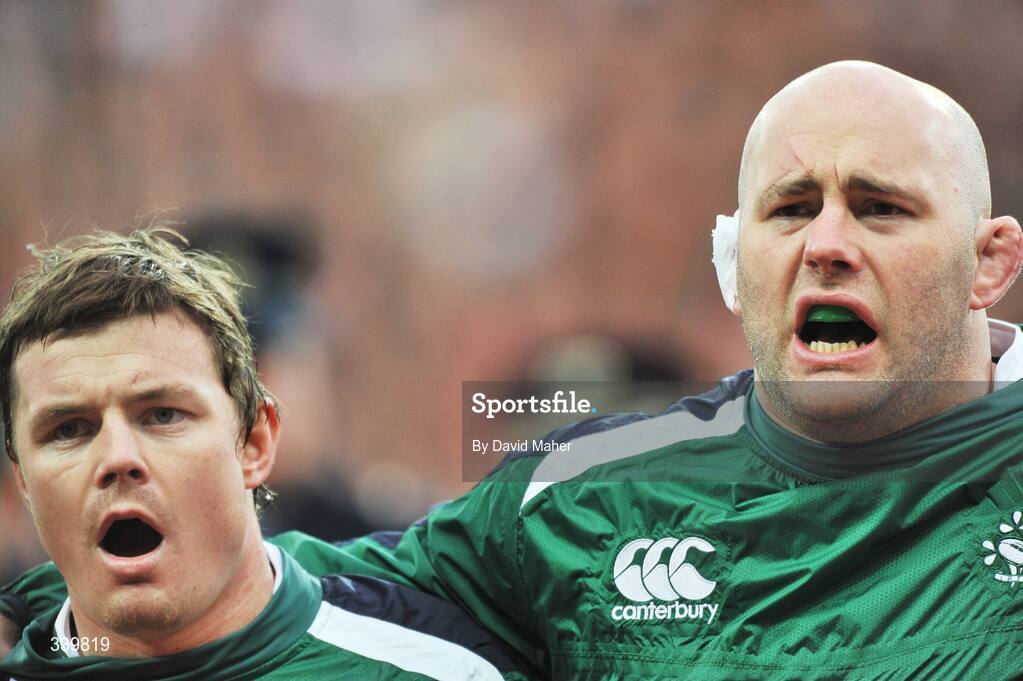 28 February 2009; Ireland's Brian O'Driscoll, left, and John Hayes, during the national anthem. RBS Six Nations Rugby Championship, Ireland v England, Croke Park, Dublin. Picture credit: David Maher / SPORTSFILE *** Local Caption ***