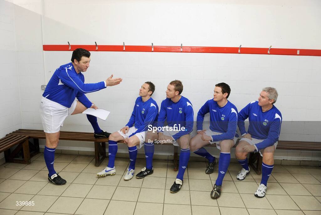 3 March 2009; Roddy Collins, left, issues instructions to, from left, Sean Prunty, Tony McDonnell, Colm Foley and Con Murphy from the Monday Night Soccer team as they tog out in their MNS football kit to launch the new season and return RTE Sport's MNS to RTE Two television, starting on Monday 9th of March at 8.00pm. Richmond Park, Dublin. Photo by Sportsfile