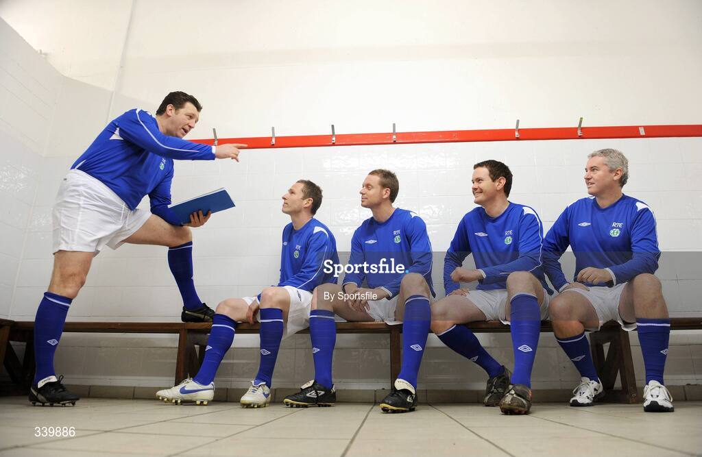 3 March 2009; Roddy Collins, left, issues instructions to, from left, Sean Prunty, Tony McDonnell, Colm Foley and Con Murphy from the Monday Night Soccer team as they tog out in their MNS football kit to launch the new season and return RTE Sport's MNS to RTE Two television, starting on Monday 9th of March at 8.00pm. Richmond Park, Dublin. Photo by Sportsfile