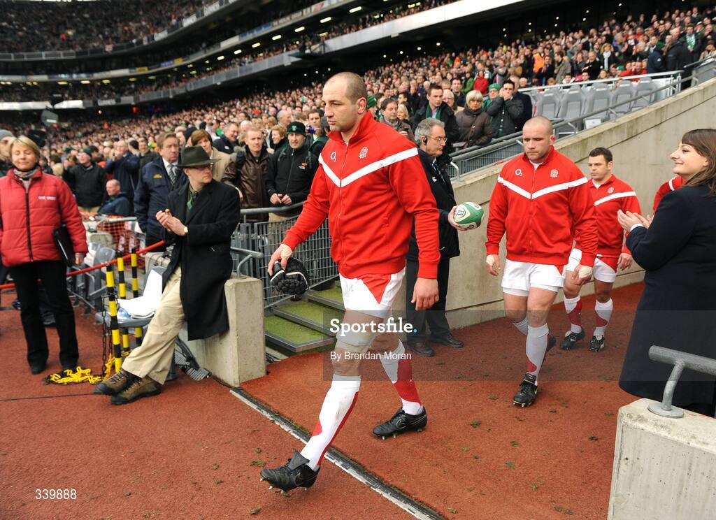 28 February 2009; England captain Steve Borthwick leads his side out before the game. RBS Six Nations Rugby Championship, Ireland v England, Croke Park, Dublin. Picture credit: Brendan Moran / SPORTSFILE