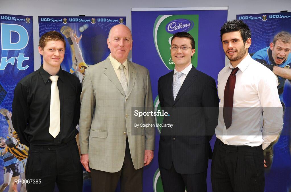 6 March 2009; Shane Guest, Senior Brand Manager Cadburys, and Brian Mullins, UCD Director of Sport, with Joseph Mulhare, Laois, UCD Gaelic Football Scholar, left, and Cian O'Sullivan, Dublin, UCD Gaelic Football Scholar and member of the Kilmacud Crokes side who will take part in the All-Ireland Senior Club Football Championship Final on St. Patrick's Day in Croke Park, at the announcement of the Cadbury Football Scholarship recipients. Sports Centre, University College Dublin, Belfield, Dublin. Picture credit: Stephen McCarthy / SPORTSFILE