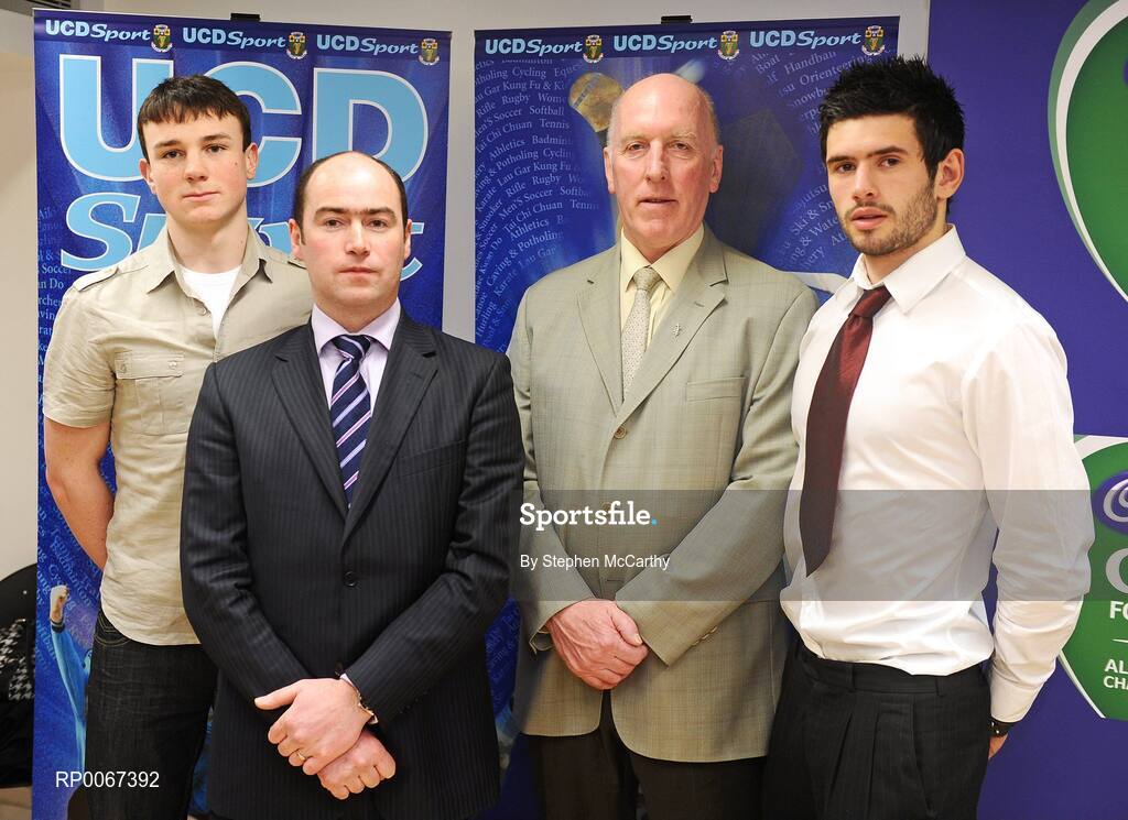 6 March 2009; Liam Rushe, Dublin, UCD Hurling Scholar, left, Noel Delaney of Grant Thornton, second from left, Brian Mullins, UCD Director of Sport, and Cian O'Sullivan, Dublin, UCD Gaelic Football Scholar and member of the Kilmacud Crokes side who will take part in the All-Ireland Senior Club Football Championship Final on St. Patrick's Day in Croke Park, right, at the announcement of the UCD Sports Scholars. Sports Centre, University College Dublin, Belfield, Dublin. Picture credit: Stephen McCarthy / SPORTSFILE