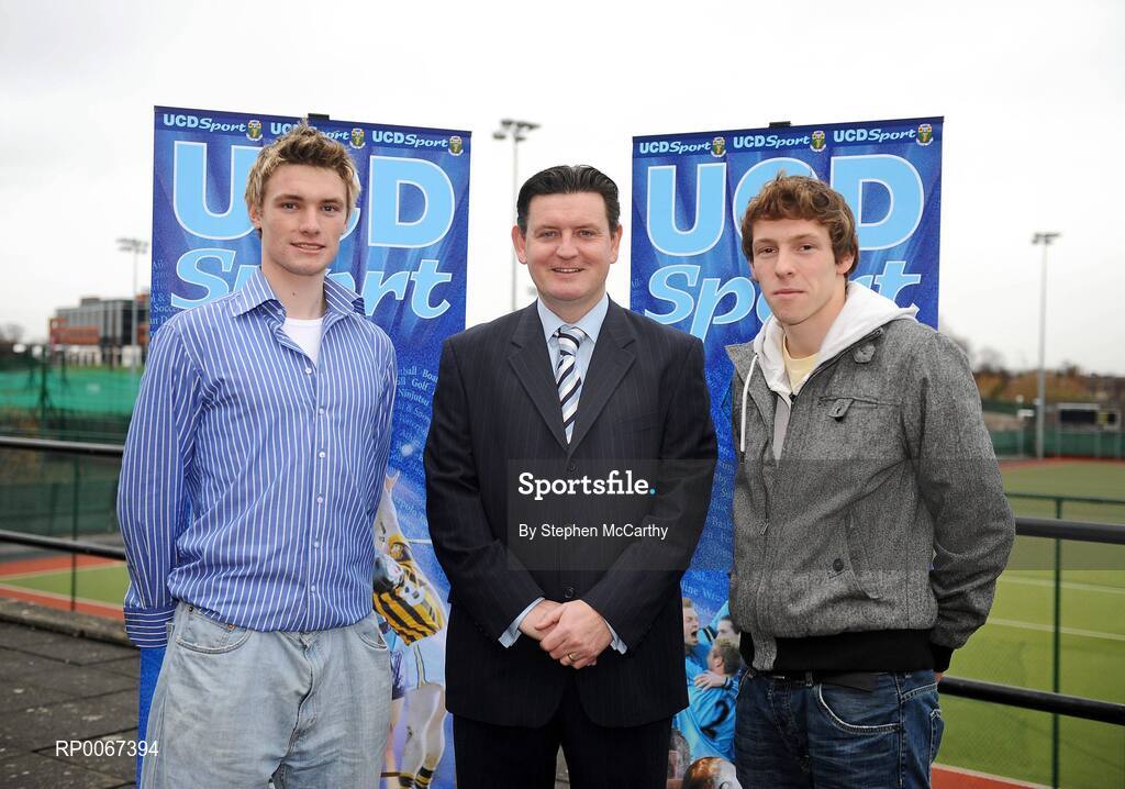 6 March 2009; Martin Russell, UCD Soccer Manager, with Michael Leahy, Dublin, UCD Soccer Scholar, left, and David McMillan, Dublin, UCD Soccer Scholar, at the announcement of the UCD Sports Scholars. Sports Centre, University College Dublin, Belfield, Dublin. Picture credit: Stephen McCarthy / SPORTSFILE