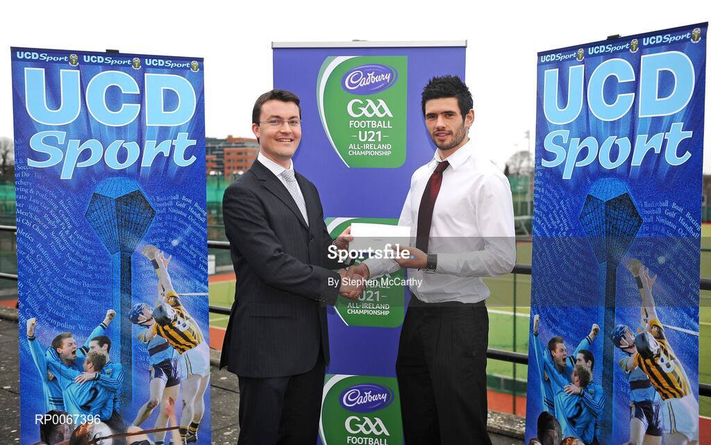 6 March 2009; Shane Guest, Senior Brand Manager Cadburys, and Cian O'Sullivan, Dublin, UCD Gaelic Football Scholar and member of the Kilmacud Crokes side who will take part in the All-Ireland Senior Club Football Championship Final on St. Patrick's Day in Croke Park, at the announcement of the Cadbury Football Scholarship recipients. Sports Centre, University College Dublin, Belfield, Dublin. Picture credit: Stephen McCarthy / SPORTSFILE