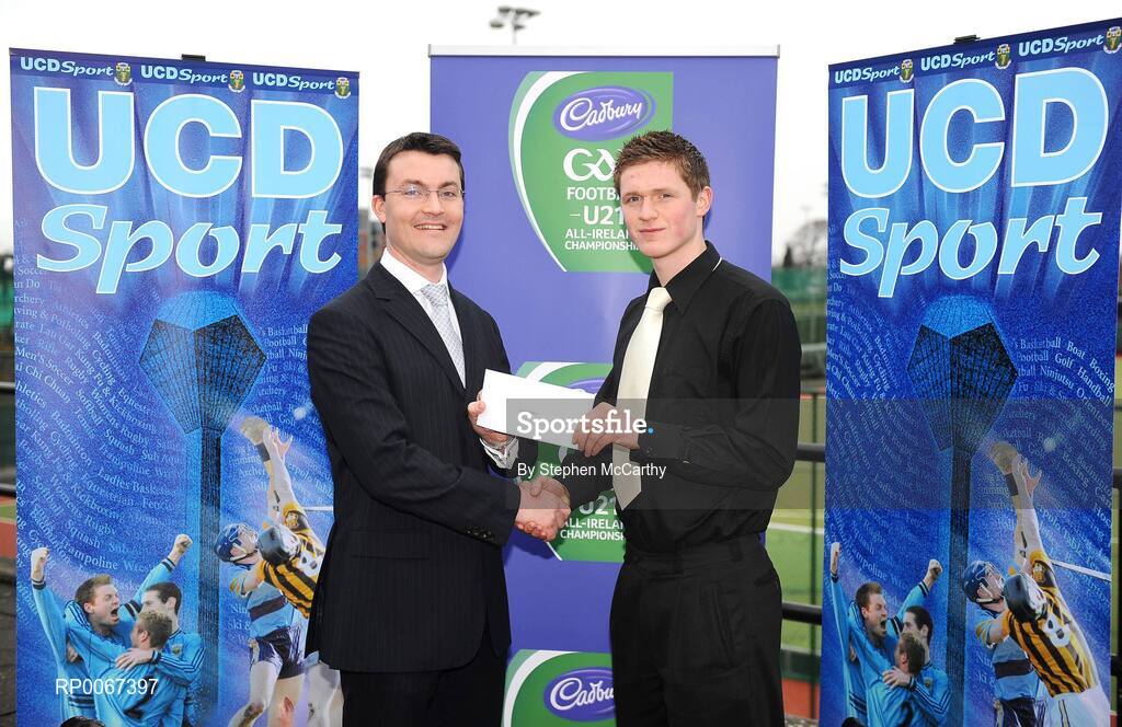6 March 2009; Shane Guest, Senior Brand Manager Cadburys, left, and Joseph Mulhare, Laois, UCD Gaelic Football Scholar, at the announcement of the Cadbury Football Scholarship recipients. Sports Centre, University College Dublin, Belfield, Dublin. Picture credit: Stephen McCarthy / SPORTSFILE
