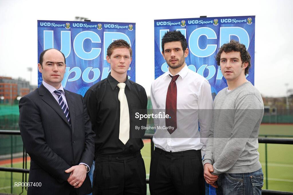6 March 2009; Noel Delaney of Grant Thornton, left, with UCD Gaelic Football Scholars, from left, Jospeh Mulhare, Laois, Cian O'Sullivan, Dublin, UCD Gaelic Football Scholar and member of the Kilmacud Crokes side who will take part in the All-Ireland Senior Club Football Championship Final on St. Patrick's Day in Croke Park, and Pat Brady, Cavan, at the announcement of the Cadbury Football Scholarship recipients. Sports Centre, University College Dublin, Belfield, Dublin. Picture credit: Stephen McCarthy / SPORTSFILE