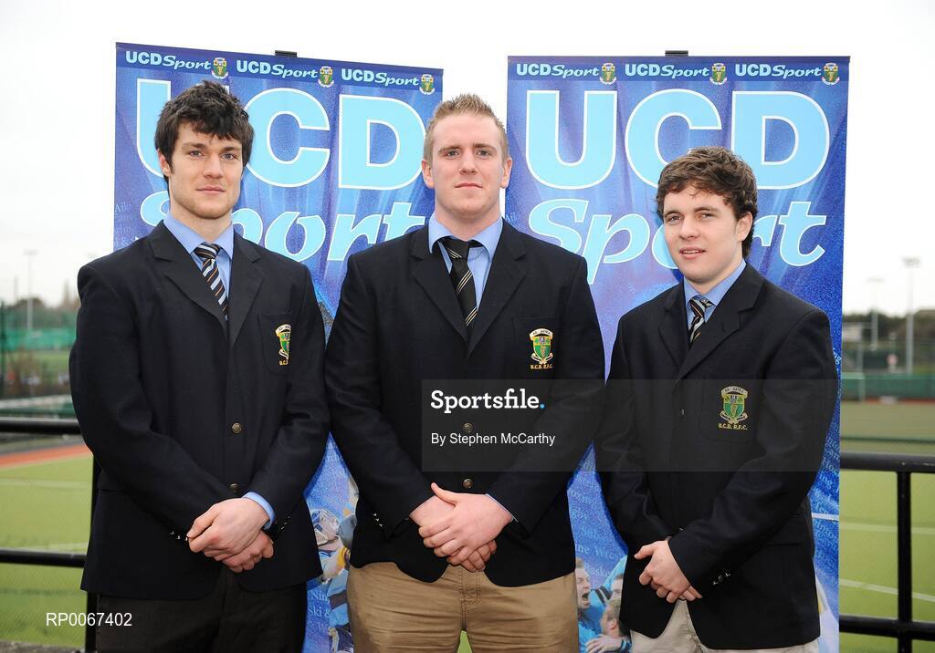 6 March 2009; UCD Rugby Scholars Matt Nagle, Cork, left, Conor Mitchell, Dublin, and Cormac Quinn, Kildare, at the announcement of the UCD Sports Scholars. Sports Centre, University College Dublin, Belfield, Dublin. Picture credit: Stephen McCarthy / SPORTSFILE