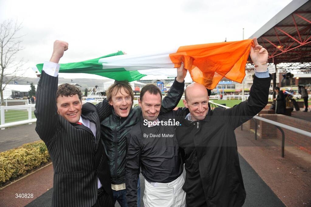 10 March 2009; Paul Nolan, left, trainer, TV personality Hector O hEochagain, second from left,  Paul Carberry, second from right, jockey and Colm Murphy, trainer, ahead of the opening day of the Cheltenham Racing Festival 2009. Cheltenham Racing Festival - Tuesday, Prestbury Park, Cheltenham, Gloucestershire, England. Picture credit: David Maher / SPORTSFILE