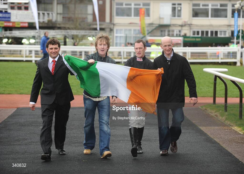 10 March 2009; Trainer Paul Nolan, left, TV personality Hector O hEochagain, second from left, jockey Paul Carberry, second from right, and trainer Colm Murphy ahead of the opening day of the Cheltenham Racing Festival 2009. Cheltenham Racing Festival - Tuesday, Prestbury Park, Cheltenham, Gloucestershire, England. Picture credit: Stephen McCarthy / SPORTSFILE