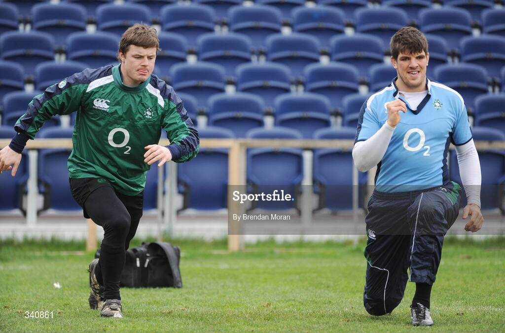 10 March 2009; Captain Brian O'Driscoll, left, and Donncha O'Callaghan do some stretching during Ireland rugby squad training. RDS, Dublin. Picture credit: Brendan Moran / SPORTSFILE