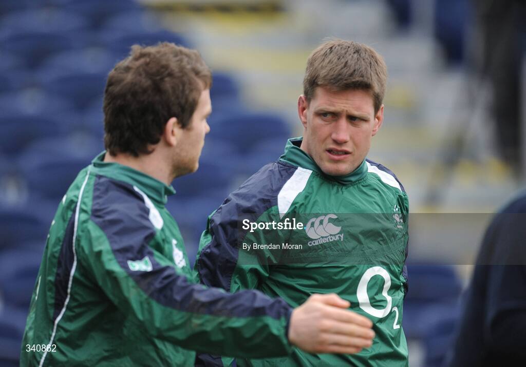 10 March 2009; Out-half Ronan O'Gara in conversation with team-mate Gordon D'Arcy during Ireland rugby squad training. RDS, Dublin. Picture credit: Brendan Moran / SPORTSFILE