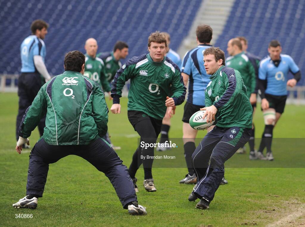 10 March 2009; Centres Gordon D'Arcy, right, and Brian O'Driscoll in action during Ireland rugby squad training. RDS, Dublin. Picture credit: Brendan Moran / SPORTSFILE