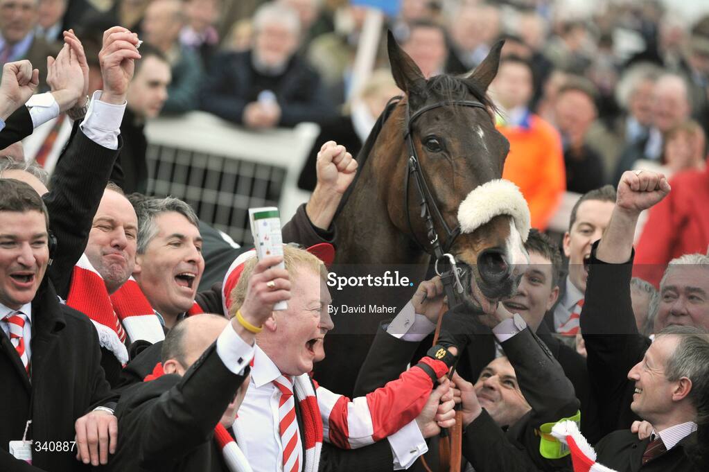 10 March 2009; Charlie Chawke, centre, with fellow members of the winning syndicate, celebrates after Forpadydeplasterer won the the Irish Independent Arkle Challenge Trophy Chase. Cheltenham Racing Festival, Prestbury Park, Cheltenham, Gloucestershire, England. Picture credit: David Maher / SPORTSFILE