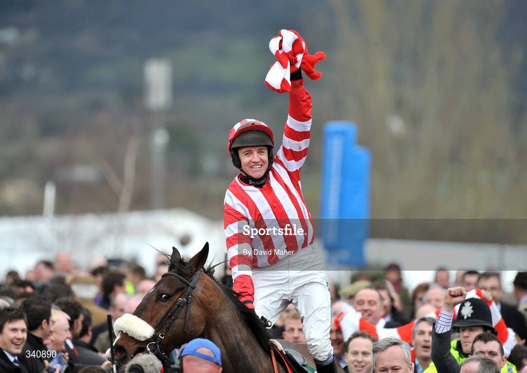 10 March 2009; Jockey Barry Geraghty celebrates after winning the the Irish Independent Arkle Challenge Trophy Chase on Forpadydeplasterer. Cheltenham Racing Festival, Prestbury Park, Cheltenham, Gloucestershire, England. Picture credit: David Maher / SPORTSFILE