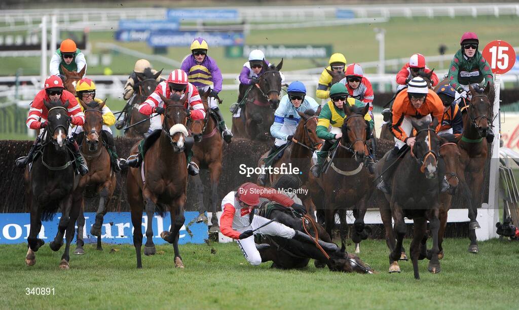 10 March 2009; Race favourite Tatenen unseats rider Ruby Walsh at the third fence during the Irish Independent Arkle Challenge Trophy Chase. Cheltenham Racing Festival, Prestbury Park, Cheltenham, Gloucestershire, England. Picture credit: Stephen McCarthy / SPORTSFILE