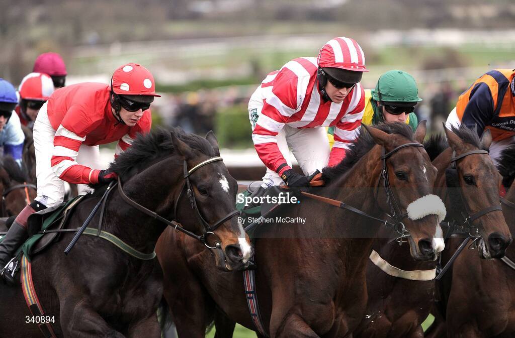 10 March 2009; The eventual winner Forpadydeplasterer, with Barry Geraghty up, with nose band, on their way to winning the Irish Independent Arkle Challenge Trophy Chase alongside eventual second Kalahari King, with Graham Lee up, left. Cheltenham Racing Festival, Prestbury Park, Cheltenham, Gloucestershire, England. Picture credit: Stephen McCarthy / SPORTSFILE
