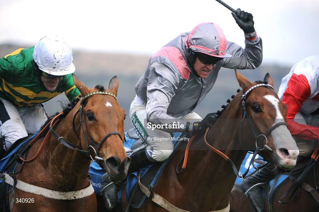 10 March 2009; Punjabi, with Barry Geraghty up, right, celebrates winning the Smurfit Kappa Champion Hurdle from eventual third Binocular, with Tony McCoy up. Cheltenham Racing Festival, Prestbury Park, Cheltenham, Gloucestershire, England. Picture credit: Stephen McCarthy / SPORTSFILE