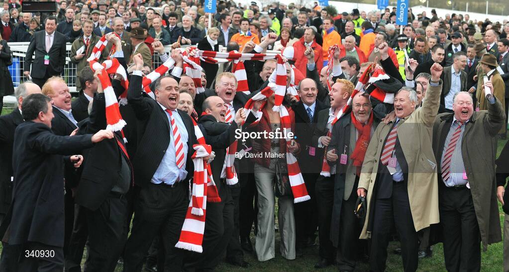 10 March 2009; Members of the winning syndicate celebrate after Forpadydeplasterer won the the Irish Independent Arkle Challenge Trophy Chase. Cheltenham Racing Festival, Prestbury Park, Cheltenham, Gloucestershire, England. Picture credit: David Maher / SPORTSFILE