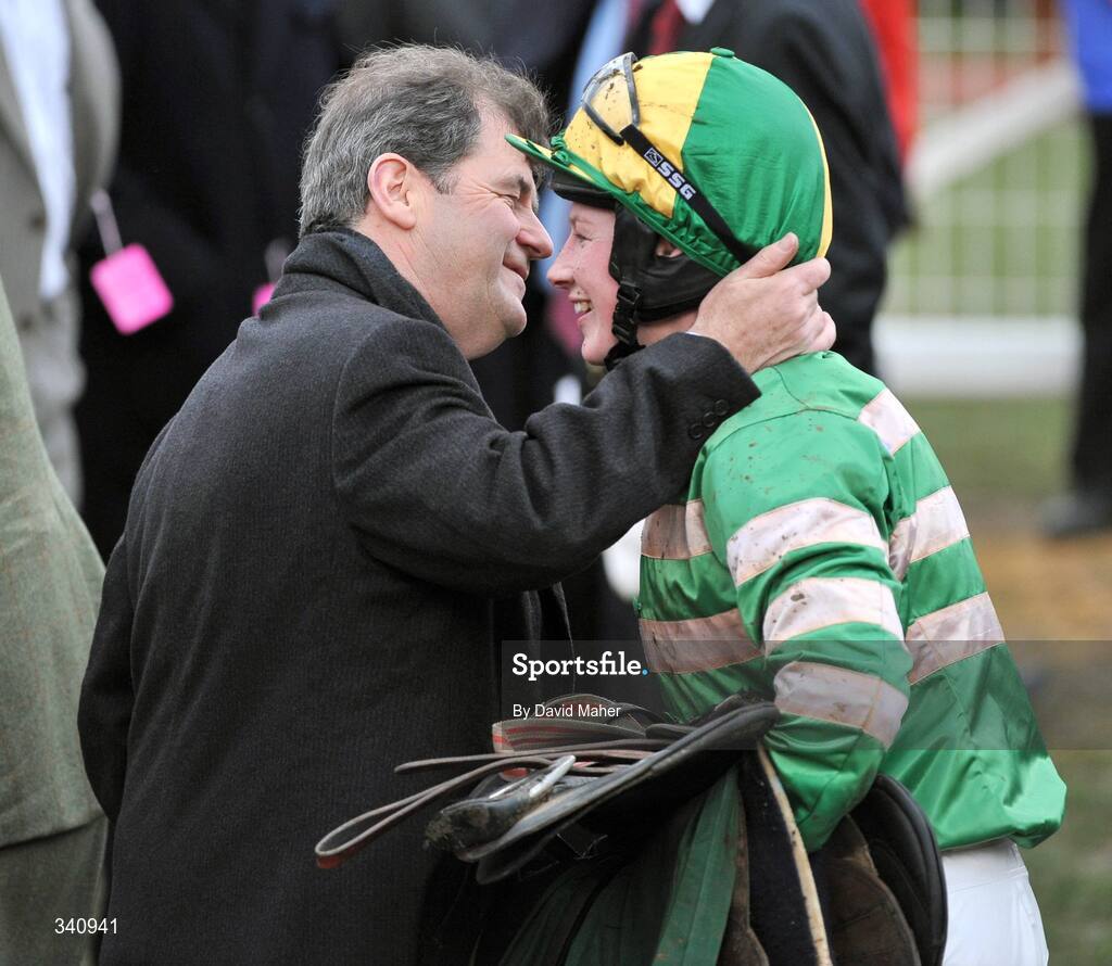 10 March 2009; Owner J.P. McManus congratulates jockey Nina Carberry after winning the the Glenfarclas Cross Country Handicap Chase on Garde Champetre. Cheltenham Racing Festival, Prestbury Park, Cheltenham, Gloucestershire, England. Picture credit: David Maher / SPORTSFILE