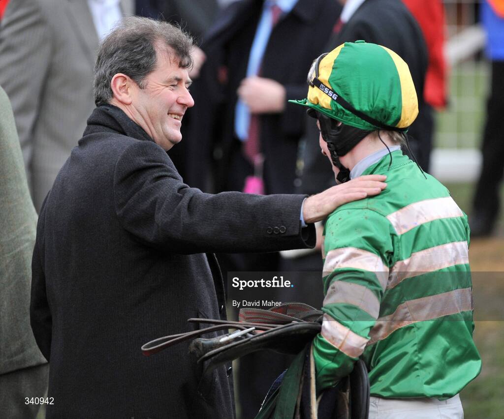 10 March 2009; Owner J.P. McManus congratulates jockey Nina Carberry after winning the the Glenfarclas Cross Country Handicap Chase on Garde Champetre. Cheltenham Racing Festival, Prestbury Park, Cheltenham, Gloucestershire, England. Picture credit: David Maher / SPORTSFILE