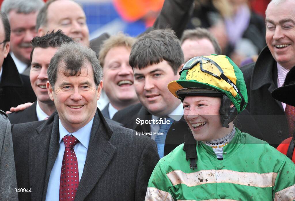 10 March 2009; Owner J.P. McManus with jockey Nina Carberry after winning the the Glenfarclas Cross Country Handicap Chase on Garde Champetre. Cheltenham Racing Festival, Prestbury Park, Cheltenham, Gloucestershire, England. Picture credit: David Maher / SPORTSFILE