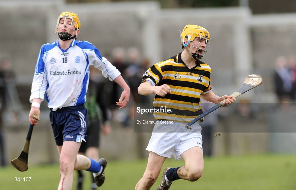 11 March 2009; Donal Sutcliffe, Colaiste Eoin, celebrates after scoring a late point as John Breen, Colaiste Eanna, looks on. Leinster Schools Senior Hurling B Championship Final, Colaiste Eanna v Colaiste Eoin, Parnell Park, Dublin. Picture credit: Diarmuid Greene / SPORTSFILE