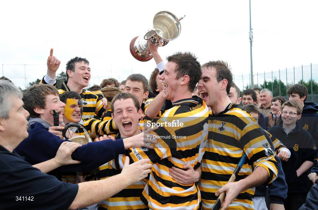 11 March 2009; Colaiste Eoin captain Colm O Fearghail celebrates with team-mates after victory over Colaiste Eanna. Leinster Schools Senior Hurling B Championship Final, Colaiste Eanna v Colaiste Eoin, Parnell Park, Dublin. Picture credit: Diarmuid Greene / SPORTSFILE