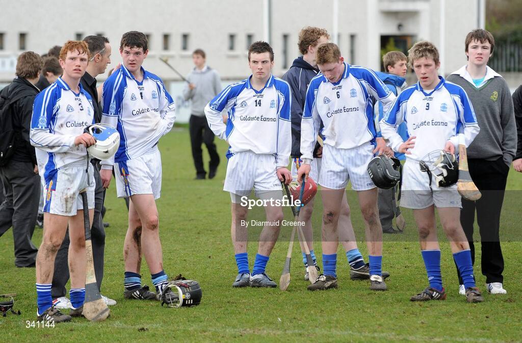 11 March 2009; Dejected Colaiste Eanna players, from left to right, Naoise Mauire, Jamie Desmond, Finnian McDonagh, Cillian Moffat and Barry Kehoe afterthe game. Leinster Schools Senior Hurling B Championship Final, Colaiste Eanna v Colaiste Eoin, Parnell Park, Dublin. Picture credit: Diarmuid Greene / SPORTSFILE