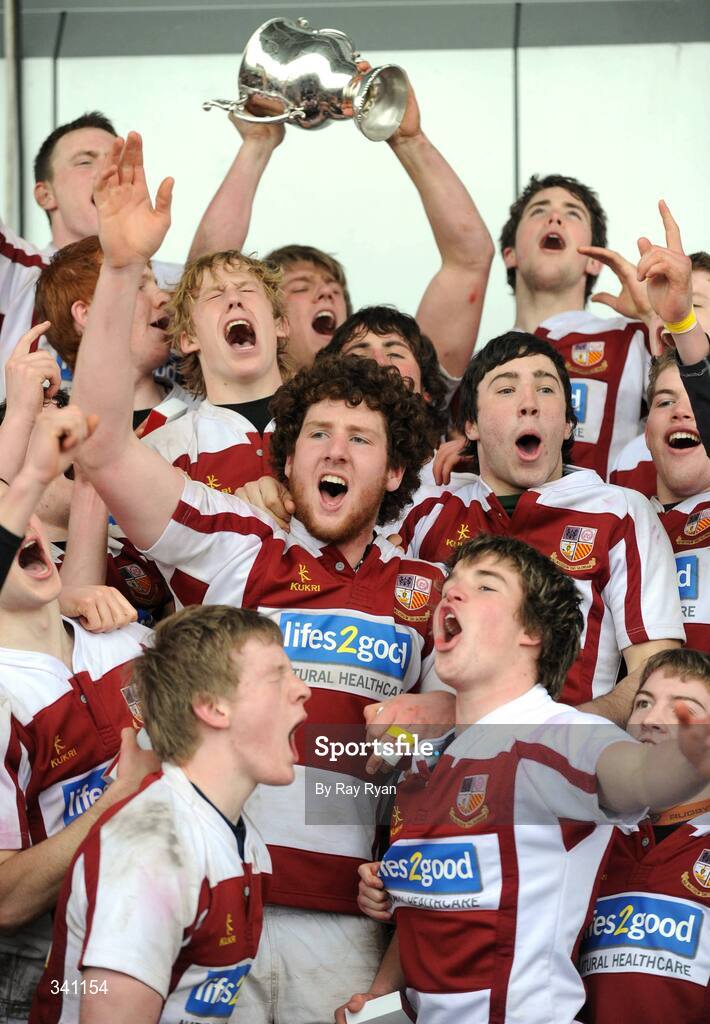 11 March 2009; Colaiste Iognaid players celebrate with the cup. Connacht Schools Senior Cup Final, Colaiste Iognaid v Sligo Grammar School, Sportsground, Galway. Picture credit: Ray Ryan / SPORTSFILE