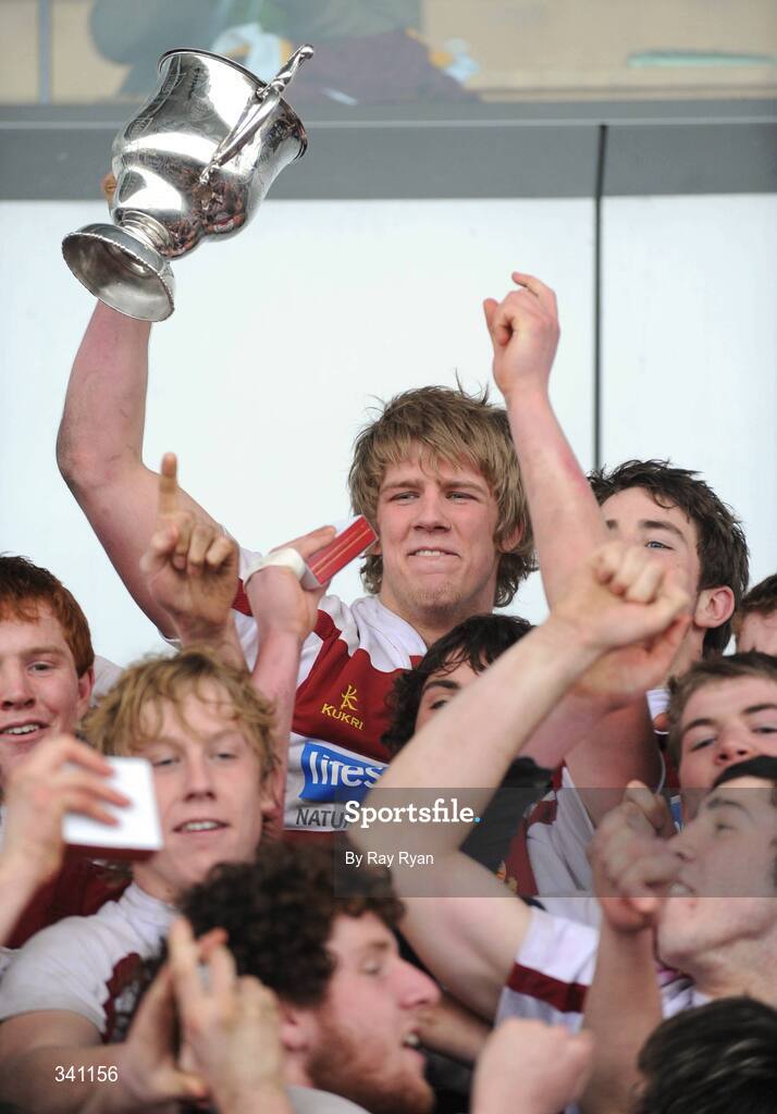 11 March 2009; Colaiste Iognaid captain Shane Conneely lifts the cup surrounded by his team-mates. Connacht Schools Senior Cup Final, Colaiste Iognaid v Sligo Grammar School, Sportsground, Galway. Picture credit: Ray Ryan / SPORTSFILE