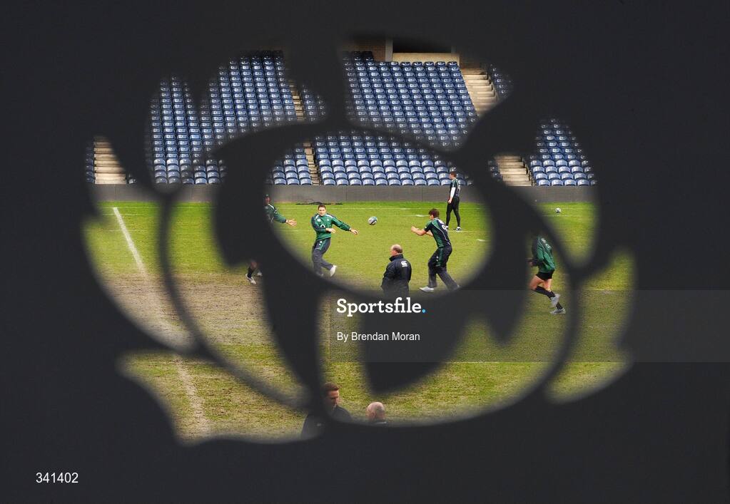 13 March 2009; Through the emblem of the Scottish Rugby Union, members of the Irish squad go through some last minute drills during their Captain's Run ahead of their RBS Six Nations Championship game against Scotland on Saturday. Murrayfield Stadium, Edinburgh, Scotland. Picture credit: Brendan Moran / SPORTSFILE