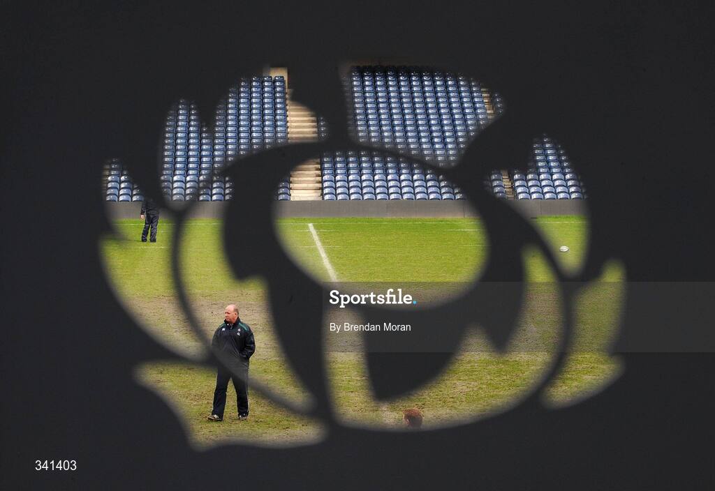 13 March 2009; Through the emblem of the Scottish Rugby Union, head coach Declan Kidney is seen during the Ireland Rugby Squad Captain's Run ahead of their RBS Six Nations Championship game against Scotland on Saturday. Murrayfield Stadium, Edinburgh, Scotland. Picture credit: Brendan Moran / SPORTSFILE