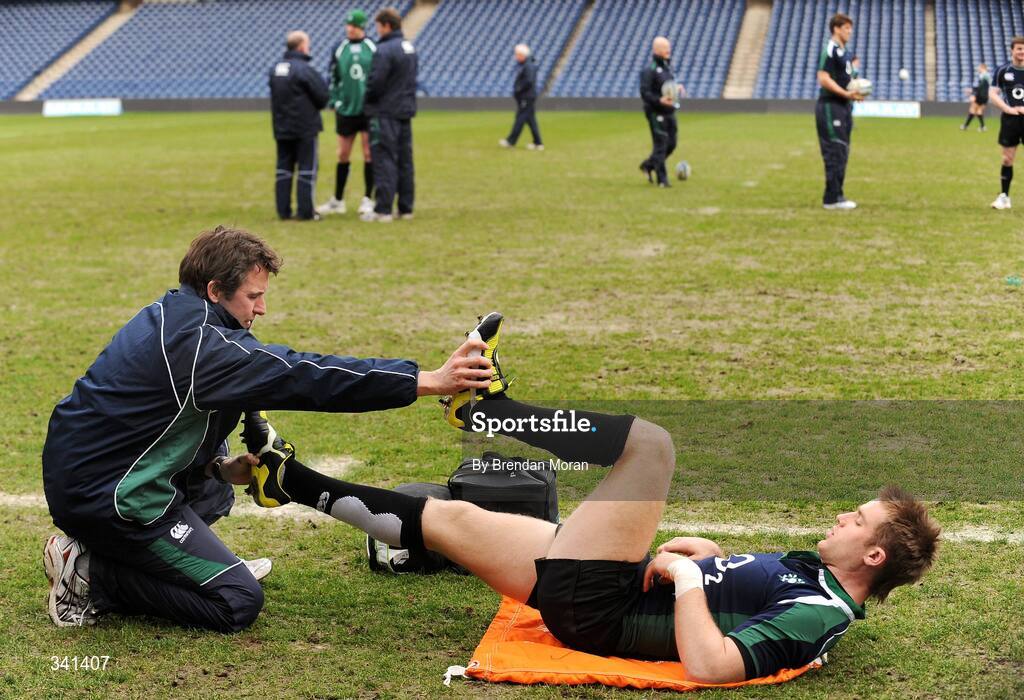 13 March 2009; Luke Fitzgerald goes through a workout with team physio Cameron Steele during the Ireland Rugby Squad Captain's Run ahead of their RBS Six Nations Championship game against Scotland on Saturday. Murrayfield Stadium, Edinburgh, Scotland. Picture credit: Brendan Moran / SPORTSFILE