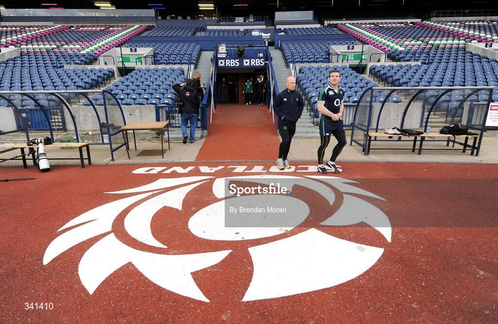 13 March 2009; Scrum-half Peter Stringer and centre Gordon D'Arcy walk onto the pitch during the Ireland Rugby Squad Captain's Run ahead of their RBS Six Nations Championship game against Scotland on Saturday. Murrayfield Stadium, Edinburgh, Scotland. Picture credit: Brendan Moran / SPORTSFILE