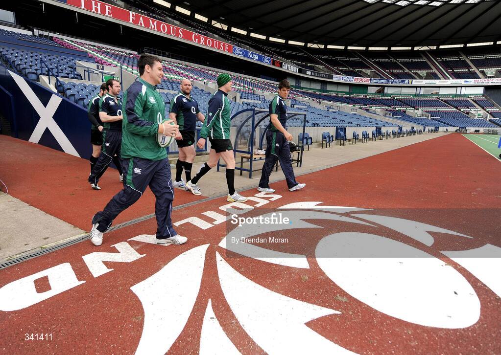 13 March 2009; Players, from left, Geordan Murphy, David Wallace, Rory Best, Paul O'Connell and Donncha O'Callaghan walk onto the pitch during the Ireland Rugby Squad Captain's Run ahead of their RBS Six Nations Championship game against Scotland on Saturday. Murrayfield Stadium, Edinburgh, Scotland. Picture credit: Brendan Moran / SPORTSFILE