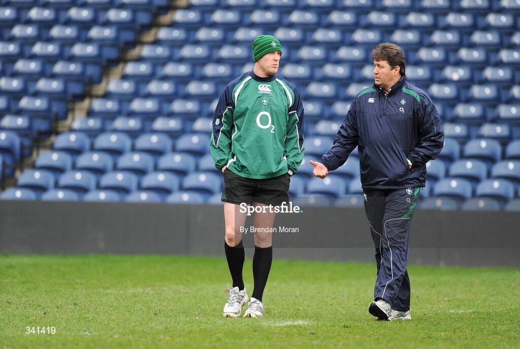 13 March 2009; Lock Paul O'Connell, left, in conversation with forwards coach Gert Smal during the Ireland Rugby Squad Captain's Run ahead of their RBS Six Nations Championship game against Scotland on Saturday. Murrayfield Stadium, Edinburgh, Scotland. Picture credit: Brendan Moran / SPORTSFILE