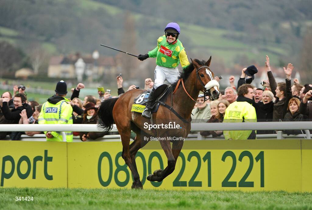 13 March 2009; Jockey Ruby Walsh celebrates after winning the totesport Cheltenham Gold Cup Steeple Chase, onboard Kauto Star. Cheltenham Racing Festival - Friday. Prestbury Park, Cheltenham, Gloucestershire, England. Picture credit: Stephen McCarthy / SPORTSFILE