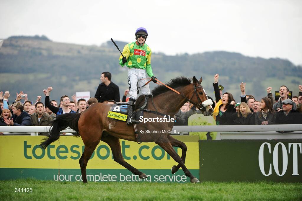 13 March 2009; Jockey Ruby Walsh celebrates after winning the totesport Cheltenham Gold Cup Steeple Chase, onboard Kauto Star. Cheltenham Racing Festival - Friday. Prestbury Park, Cheltenham, Gloucestershire, England. Picture credit: Stephen McCarthy / SPORTSFILE