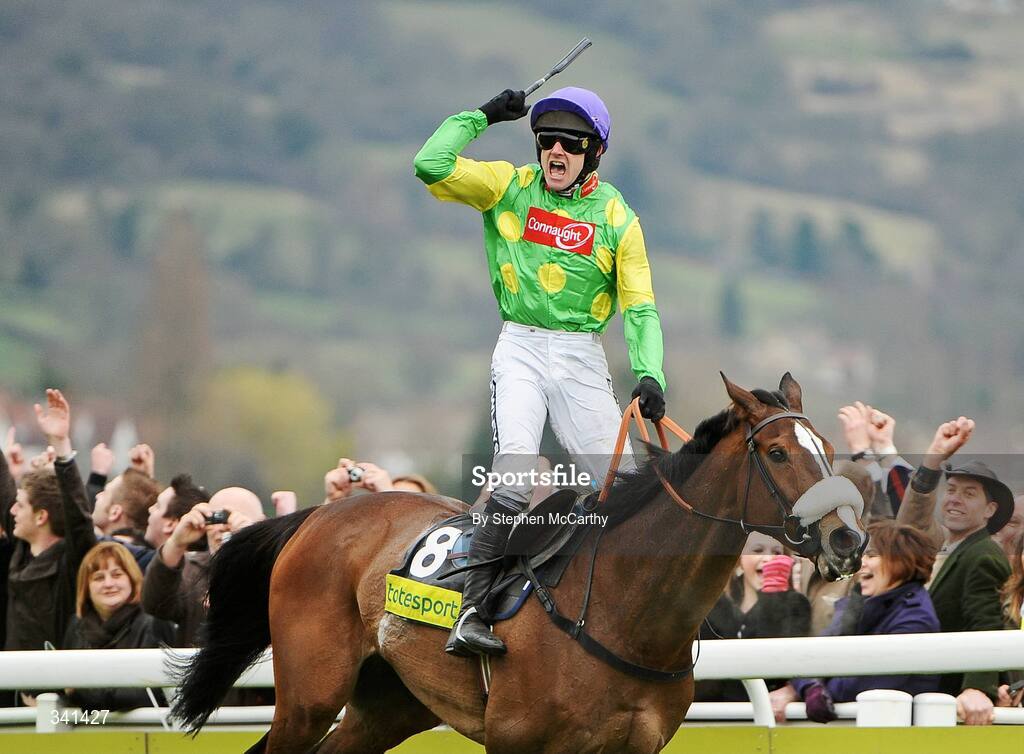 13 March 2009; Jockey Ruby Walsh celebrates after winning the totesport Cheltenham Gold Cup Steeple Chase, onboard Kauto Star. Cheltenham Racing Festival - Friday. Prestbury Park, Cheltenham, Gloucestershire, England. Picture credit: Stephen McCarthy / SPORTSFILE