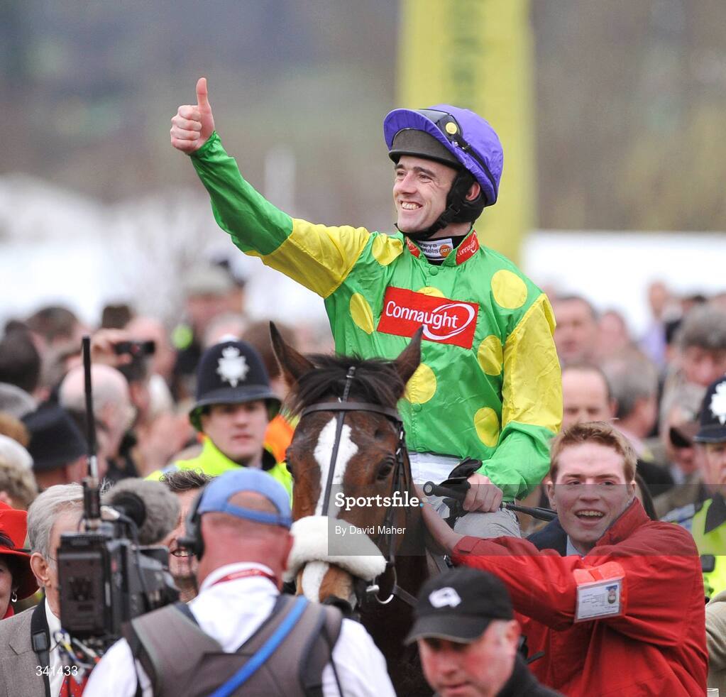 13 March 2009; Jockey Ruby Walsh celebrates after winning the totesport Cheltenham Gold Cup Steeple Chase onboard Kauto Star. Cheltenham Racing Festival - Friday. Prestbury Park, Cheltenham, Gloucestershire, England. Picture credit: David Maher / SPORTSFILE