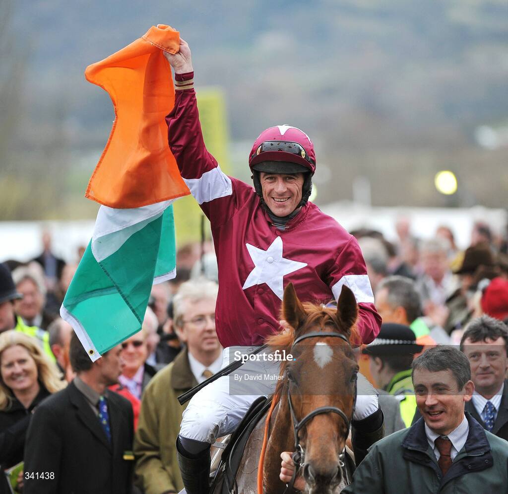 13 March 2009; Jockey Davy Russell celebrates after winning the Albert Barlett Novices' Hurdle Race onboard Weapon's Amnesty. Cheltenham Racing Festival - Friday. Prestbury Park, Cheltenham, Gloucestershire, England. Picture credit: David Maher / SPORTSFILE