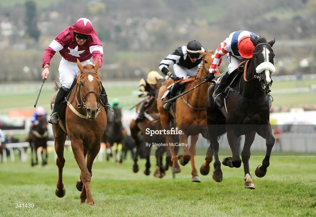 13 March 2009; Weapon's Amnesty, with Davy Russell up,  left, on their way to winning the totesport Cheltenham Gold Cup Steeple Chase, from eventual second Pride of Dulcote, with Ruby Walsh up, and eventual third The Midnight Club, with Emmet Mullins up. Cheltenham Racing Festival - Friday. Prestbury Park, Cheltenham, Gloucestershire, England. Picture credit: Stephen McCarthy / SPORTSFILE