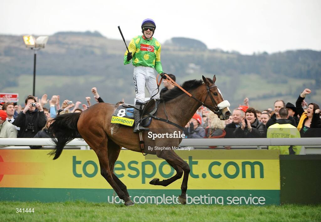 13 March 2009; Jockey Ruby Walsh celebrates after winning the totesport Cheltenham Gold Cup Steeple Chase, onboard Kauto Star. Cheltenham Racing Festival - Friday. Prestbury Park, Cheltenham, Gloucestershire, England. Picture credit: Stephen McCarthy / SPORTSFILE