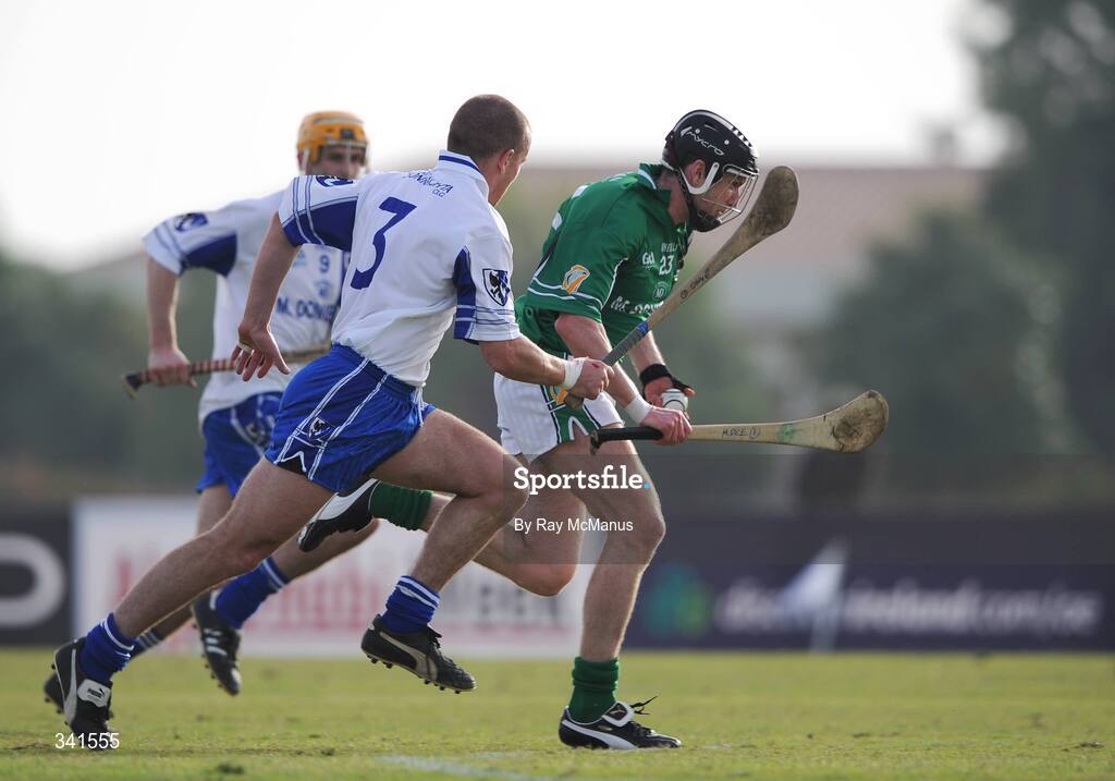14 March 2009; Michael Rice, Leinster, in action against Damien McClearn, 3, and Keith Raymond, Connacht. M Donnelly Interprovincial Hurling Final presented by Etihad Airways, Leinster v Connacht, Ghantoot Racing and Polo Club, Abu Dhabi, United Arab Emirates. Picture credit: Ray McManus / SPORTSFILE